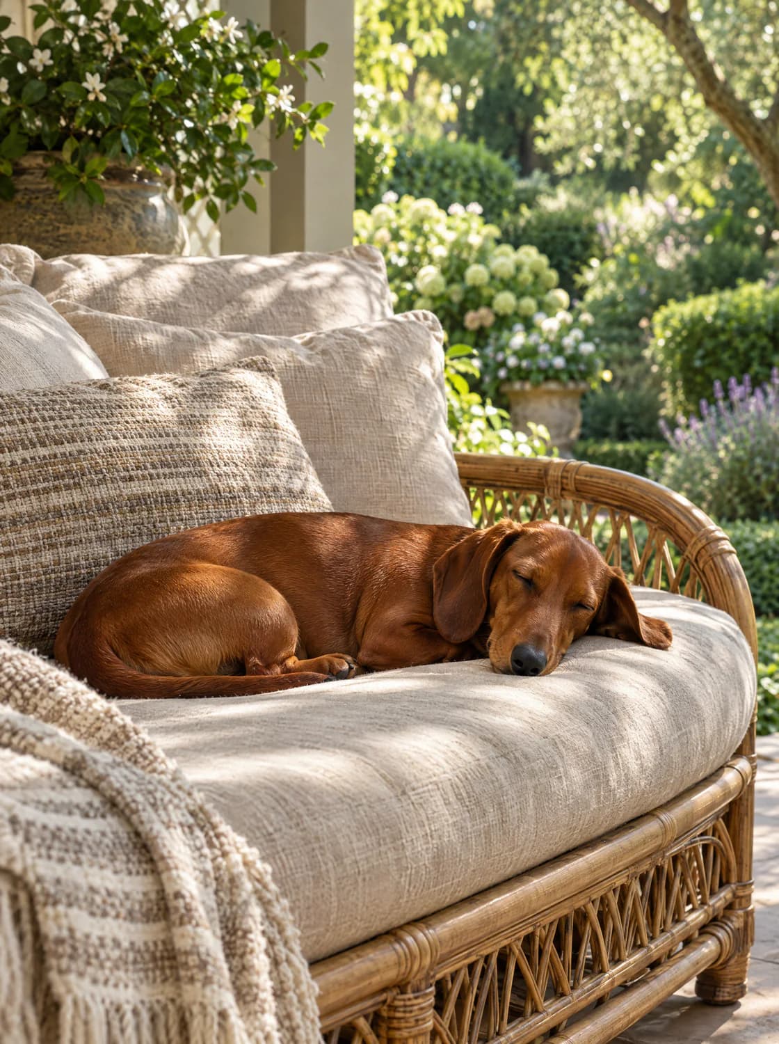 A red miniature dachshund asleep on a rattan daybed