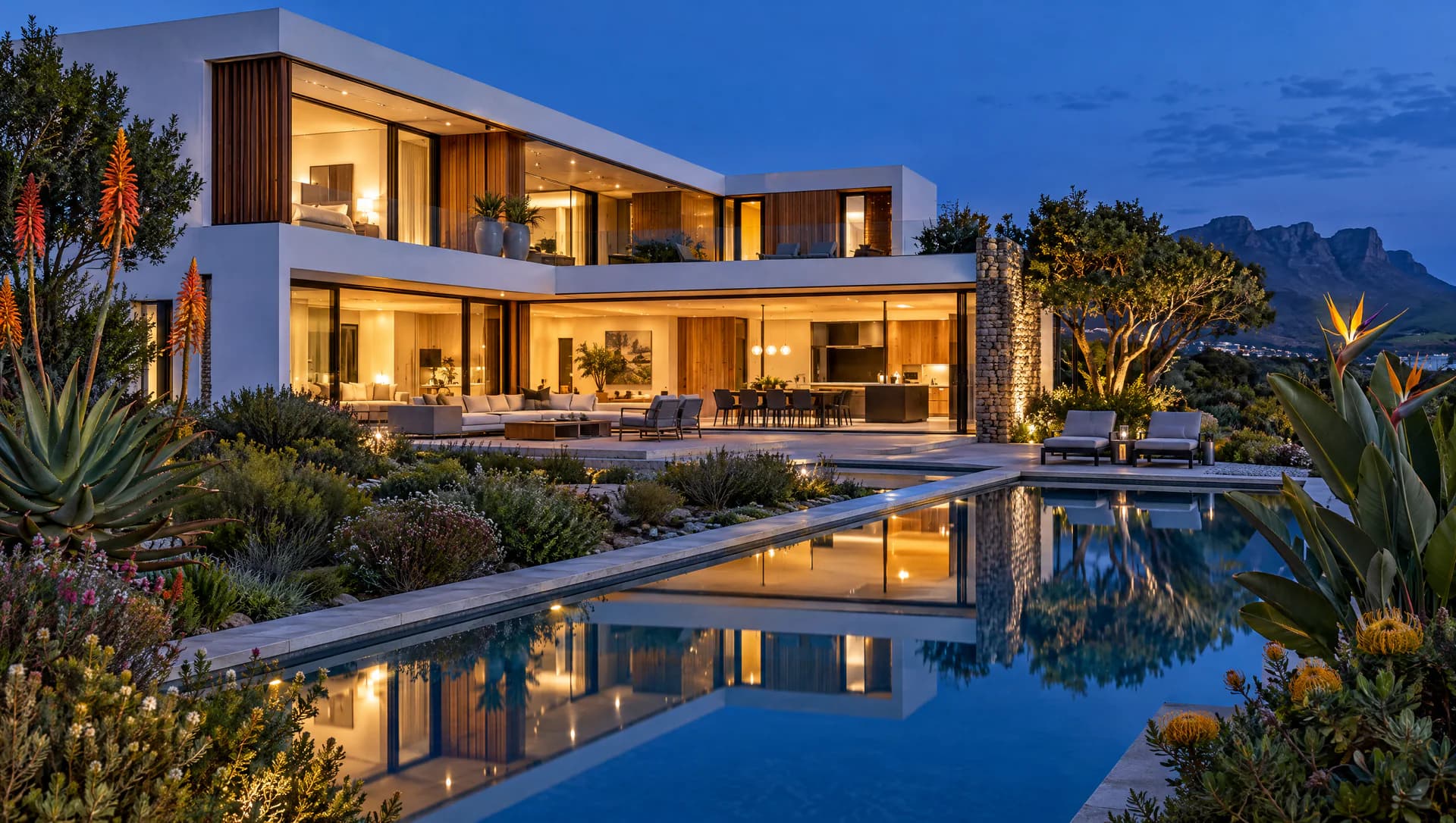 A contemporary South African home glowing at dusk, reflected in a still swimming pool among aloes and fynbos