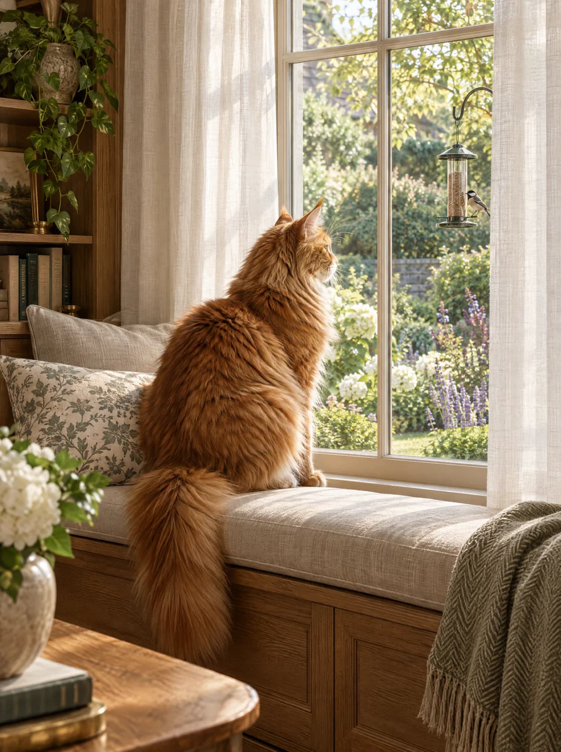A ginger Maine Coon cat watching birds from a window seat