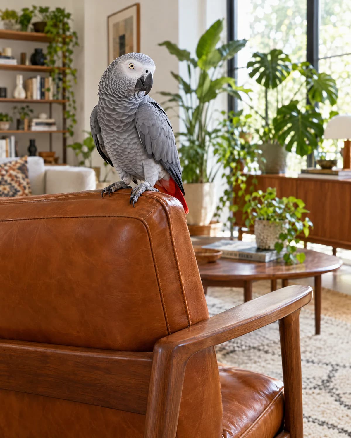 An African grey parrot perched on a leather armchair in a bright living room