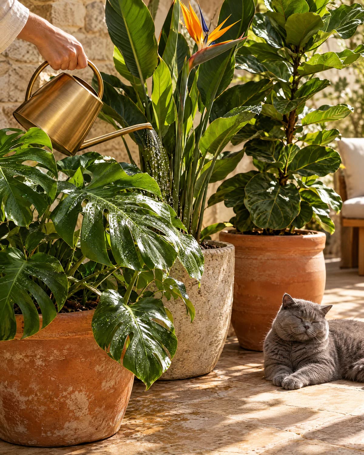 Potted plants being watered on a sunny patio while a grey British Shorthair cat dozes