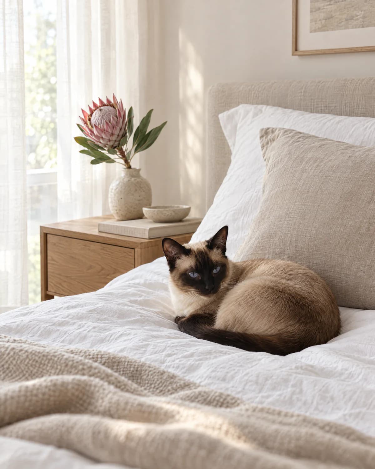 A Siamese cat curled up on a white linen bed in morning light