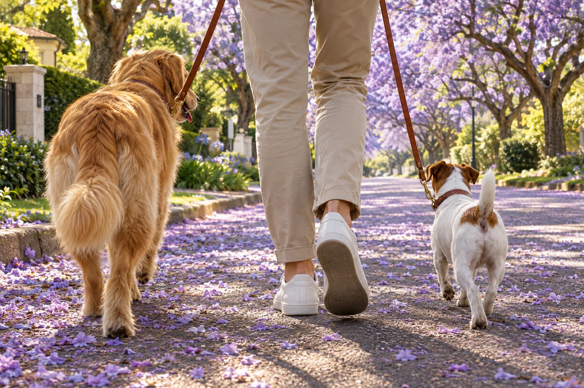 A golden retriever and a Jack Russell on leads, walking down a street carpeted with purple jacaranda blossoms